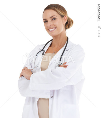 Doctor, happy woman or arms crossed in studio or portrait with confidence in medical career as cardiologist. Pride, coat or medicine consultant with smile or healthcare isolated on white background Doctor, happy woman or arms crossed in studio or portrait with confidence in medical career as cardiologist. Pride, coat or medicine consultant with smile or healthcare isolated on white background 139534534