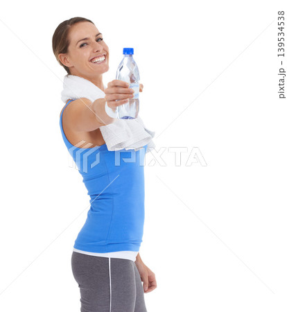 Woman, workout portrait and water bottle in studio for health, wellness and training on a white background. Happy person or sports model giving liquid for gym energy, fitness and exercise challenge Woman, workout portrait and water bottle in studio for health, wellness and training on a white background. Happy person or sports model giving liquid for gym energy, fitness and exercise challenge 139534538