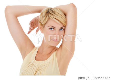 Beauty, portrait and mature woman in studio with arms raised for underarm epilation or hair removal. Natural, health and female person from Australia with confidence for cosmetics by white background 139534587