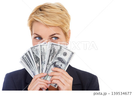 Face of business woman with money fan, dollars and bonus prize giveaway isolated on white background. Cash bills, budget and savings, lady with financial freedom or credit funding payment in studio Face of business woman with money fan, dollars and bonus prize giveaway isolated on white background. Cash bills, budget and savings, lady with financial freedom or credit funding payment in studio 139534677