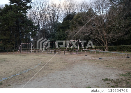 青空と雲と樹々とブランコとシーソーのある公園の風景 139534768