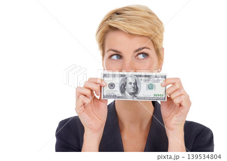Dollar, secret or businesswoman in studio on a white background for corruption or silence. Cover mouth, illegal payment or corrupt financial manager with cash for bribery, fraud or money laundering 139534804