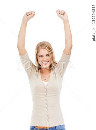 Woman, smile and celebration with portrait in studio for winner or success notification on mock up space. Person, happy and arms raised for achievement, promotion or bonus sale on white background Woman, smile and celebration with portrait in studio for winner or success notification on mock up space. Person, happy and arms raised for achievement, promotion or bonus sale on white background 139534858
