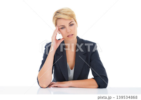 Business woman, headache and thinking in studio of burnout, stress or mental health on white background. Tired, confused and sad worker with anxiety, brain fog and fatigue of mistake, doubt or crisis 139534868
