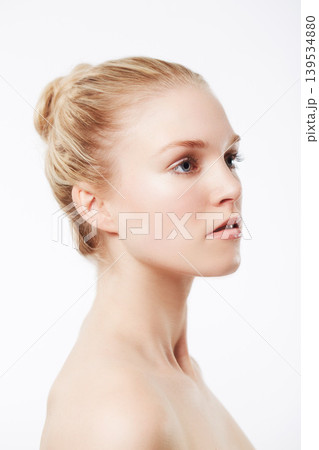 Portrait of woman, thinking or skincare for wellness with cosmetics, aesthetic or healthy glow. Facial dermatology, studio or confident model with pride, ideas or beauty results on white background Portrait of woman, thinking or skincare for wellness with cosmetics, aesthetic or healthy glow. Facial dermatology, studio or confident model with pride, ideas or beauty results on white background 139534880