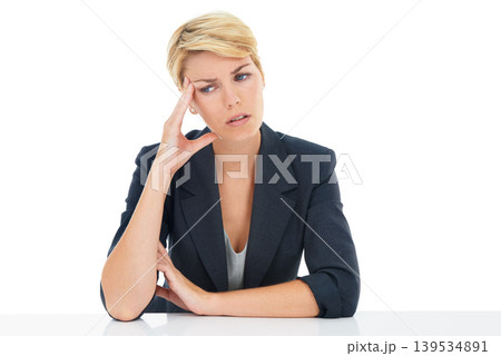 Headache, business woman and thinking of stress, anxiety or mental health in studio on white background. Worry, confused worker and crisis of burnout, brain fog and fatigue of mistake, doubt and debt Headache, business woman and thinking of stress, anxiety or mental health in studio on white background. Worry, confused worker and crisis of burnout, brain fog and fatigue of mistake, doubt and debt 139534891