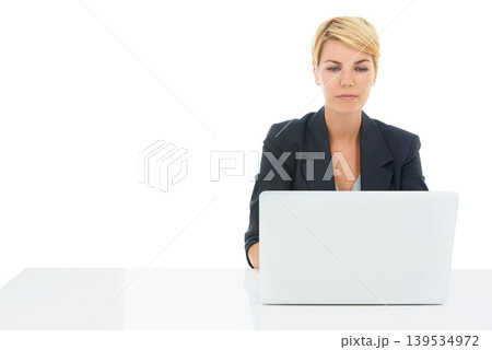 Business woman, laptop and desk in studio for online research, planning and website for human resources. Professional worker reading on a computer, typing and job search or FAQ on a white background Business woman, laptop and desk in studio for online research, planning and website for human resources. Professional worker reading on a computer, typing and job search or FAQ on a white background 139534972