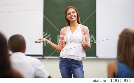 Woman, teacher and teaching class in portrait, school and education or knowledge in classroom. Female person, confidence and pride in academic excellence, students and learning for growth by board Woman, teacher and teaching class in portrait, school and education or knowledge in classroom. Female person, confidence and pride in academic excellence, students and learning for growth by board 139534980