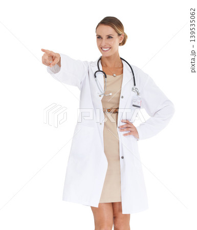 Happy woman, studio or doctor pointing at mockup space isolated on white background with smile. Wellness, advertising or nurse showing medical healthcare information, or advice Happy woman, studio or doctor pointing at mockup space isolated on white background with smile. Wellness, advertising or nurse showing medical healthcare information, or advice 139535062