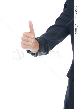Businessperson, thumbs up and agreement in studio, sign and approval emoji by white background. Professional, employee and icon or symbol for promotion, thank you and satisfaction or corporate winner Businessperson, thumbs up and agreement in studio, sign and approval emoji by white background. Professional, employee and icon or symbol for promotion, thank you and satisfaction or corporate winner 139535179
