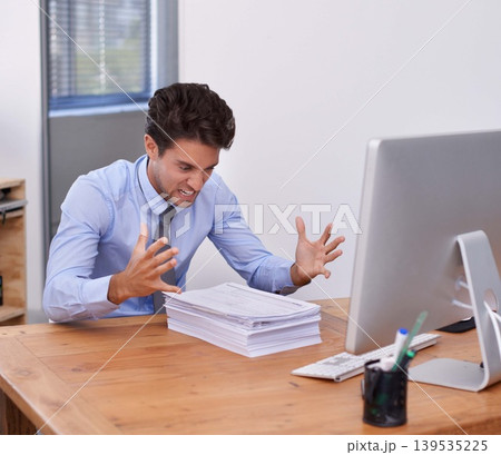 Business man, stress and paperwork in office, angry and mistake with documents or crisis and fail. Businessperson, professional and frustrated with reports or proposal, review and mental health Business man, stress and paperwork in office, angry and mistake with documents or crisis and fail. Businessperson, professional and frustrated with reports or proposal, review and mental health 139535225