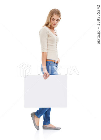 Woman, card or poster mockup with advertising, presentation or announcement with information on white background. About us, coming soon or sign up with news, marketing or ads with board in studio Woman, card or poster mockup with advertising, presentation or announcement with information on white background. About us, coming soon or sign up with news, marketing or ads with board in studio 139535242
