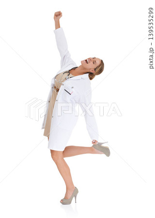 Happy woman, celebration or excited doctor in studio for healthcare results, goals or success. Smile, cheers or proud medical worker for service, winning bonus or target isolated on white background 139535299