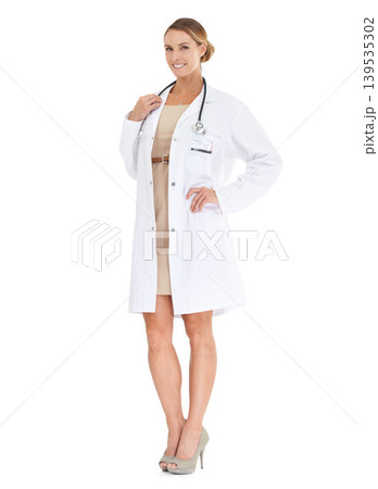 Doctor, happy woman or portrait in studio with pride or confidence in medical career as cardiologist. Full body, coat or medicine consultant with smile or healthcare isolated on white background Doctor, happy woman or portrait in studio with pride or confidence in medical career as cardiologist. Full body, coat or medicine consultant with smile or healthcare isolated on white background 139535302