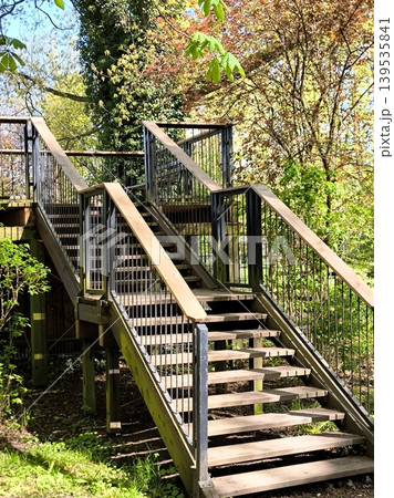 Modern wooden staircase with metal railings in a spring park Modern wooden staircase with metal railings in a spring park 139535841