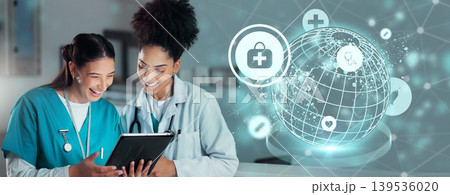 Team of doctors, discussion and women on tablet in hospital for research, report advice and telehealth. Healthcare, clinic and people talking on digital tech for medical service, results and meeting 139536020