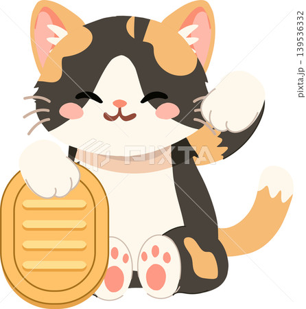 Lucky cat maneki neko holding gold coin cute calico cartoon illustration Lucky cat maneki neko holding gold coin cute calico cartoon illustration 139536332