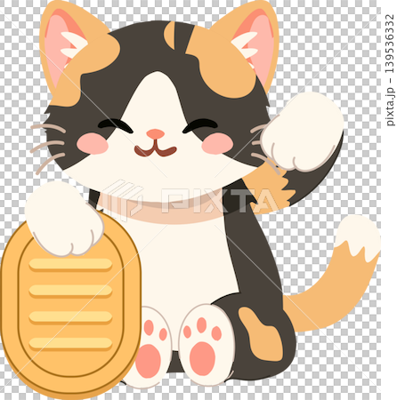 Lucky cat maneki neko holding gold coin cute calico cartoon illustration Lucky cat maneki neko holding gold coin cute calico cartoon illustration 139536332