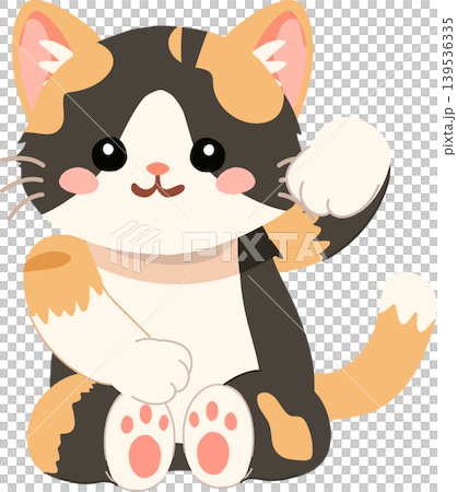 Cute calico kitten waving one paw for sticker and nursery design Cute calico kitten waving one paw for sticker and nursery design 139536335