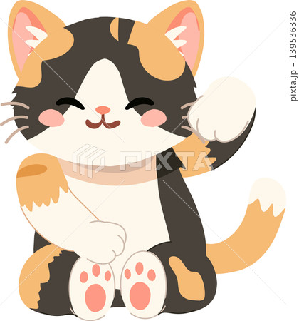 Happy calico cat character with raised paw and pink cheeks 139536336