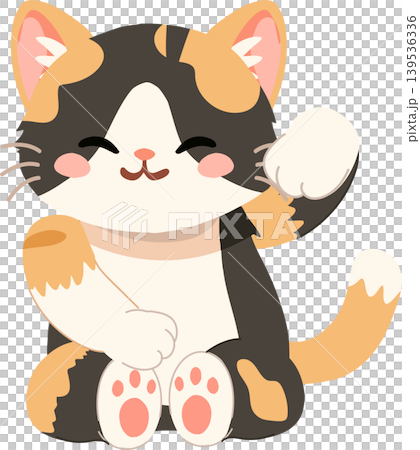 Happy calico cat character with raised paw and pink cheeks 139536336