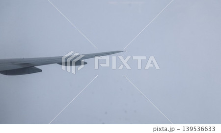 horizontal photo of close up airplane wing extending over thick cloud layer with cloudy view with copy space 139536633