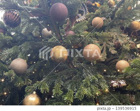 Christmas tree adorned with sparkling golden and brown ornaments for festive celebration background Christmas tree adorned with sparkling golden and brown ornaments for festive celebration background 139536915