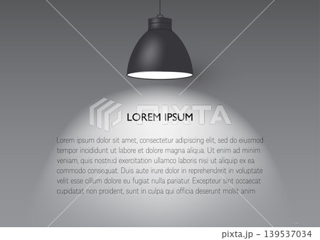 3d minimalist black pendant lamp hanging from celling with glowing light on blank wall background vector illustration 3d minimalist black pendant lamp hanging from celling with glowing light on blank wall background vector illustration 139537034