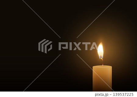 Candle Light, Vector Illustration with 3d Realistic Burning Flame on Dark Background. Memorial and Sympathy Horizontal Card Template. Spiritual, Calm Design For Remembrance, Meditation, Condolence 139537225