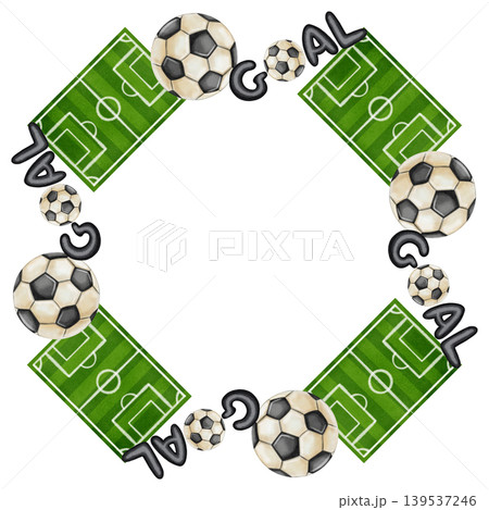 Watercolor soccer wreath with green field, balls, and Goal text. Hand drawn sports frame for sports invitations, tournament posters, and fan club decor. Watercolor soccer wreath with green field, balls, and Goal text. Hand drawn sports frame for sports invitations, tournament posters, and fan club decor. 139537246