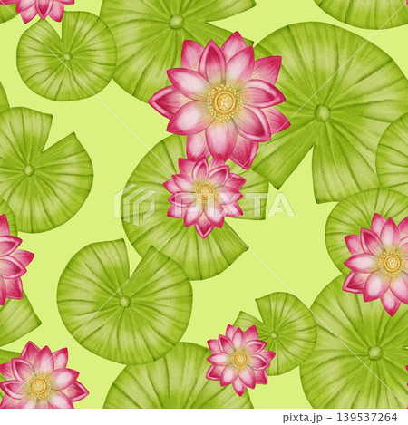 A seamless watercolor pattern featuring delicate pink lotuses, green water lilies, and flower buds. Ideal for textiles, wallpaper, romantic decor, cosmetics, and medical products. 139537264