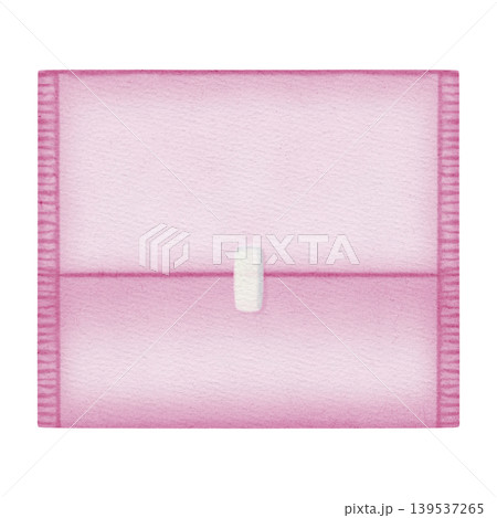 Watercolor drawing of a pink sanitary pad in individual wrapper. Concept of feminine hygiene and women's health.  139537265
