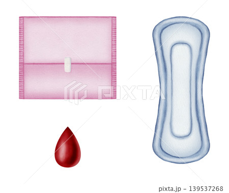 A set of watercolor illustrations includes a menstrual pad, blood flow stimulating drops, and pink individual packaging. The blood droplets represent the pad's absorbency. Feminine hygiene  139537268