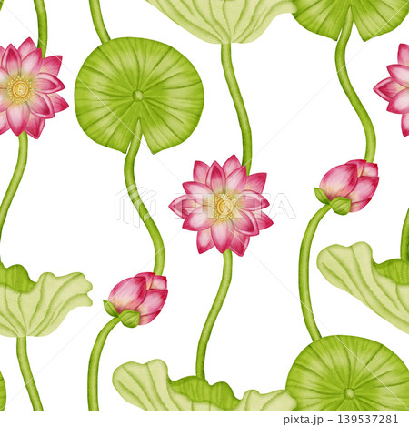 A seamless watercolor pattern featuring delicate pink lotuses, green water lilies, and flower buds. Ideal for textiles, wallpaper, romantic decor, cosmetics, and medical products. A seamless watercolor pattern featuring delicate pink lotuses, green water lilies, and flower buds. Ideal for textiles, wallpaper, romantic decor, cosmetics, and medical products. 139537281