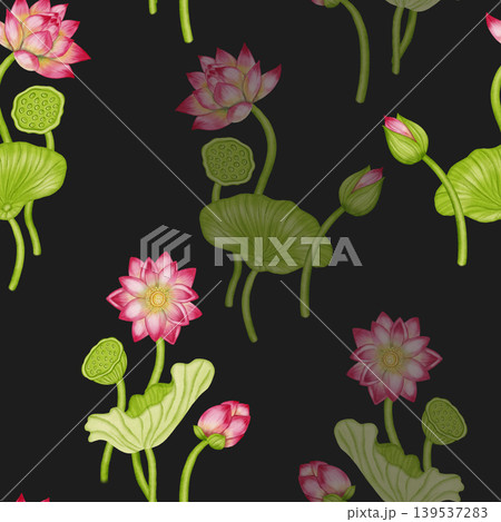 A seamless watercolor pattern featuring delicate pink lotuses, green water lilies, and flower buds. Ideal for textiles, wallpaper, romantic decor, cosmetics, and medical products. A seamless watercolor pattern featuring delicate pink lotuses, green water lilies, and flower buds. Ideal for textiles, wallpaper, romantic decor, cosmetics, and medical products. 139537283