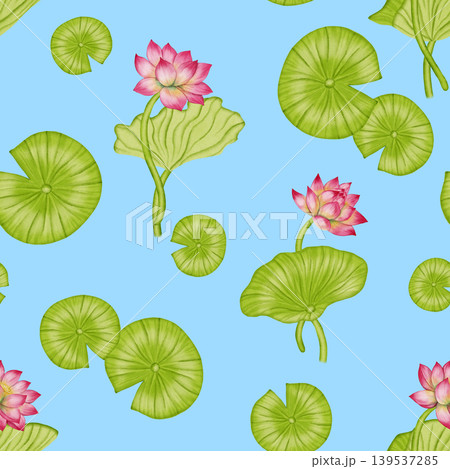 Lotus flower seamless pattern. An illustration of a pink water lily hand painted. Ideal for textiles, wallpaper, romantic decor, cosmetics, and medical products. Lotus flower seamless pattern. An illustration of a pink water lily hand painted. Ideal for textiles, wallpaper, romantic decor, cosmetics, and medical products. 139537285