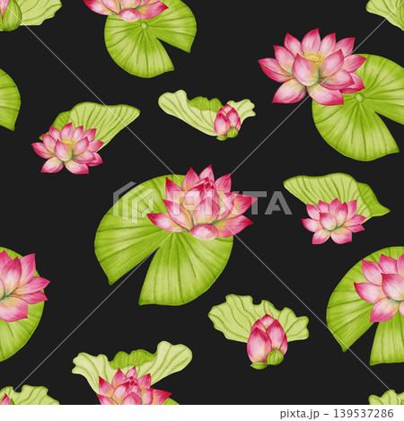 Lotus flower seamless pattern. An illustration of a pink water lily hand painted. Ideal for textiles, wallpaper, romantic decor, cosmetics, and medical products. 139537286