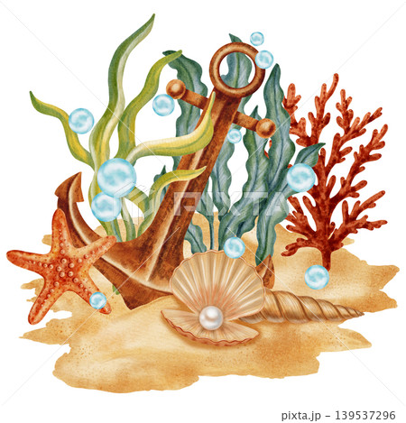 Watercolor illustration of an anchor on a sandy seabed surrounded by corals, seaweed, starfish, and shell. Underwater marine scene. Children's, nautical, sea travel themes Watercolor illustration of an anchor on a sandy seabed surrounded by corals, seaweed, starfish, and shell. Underwater marine scene. Children's, nautical, sea travel themes 139537296