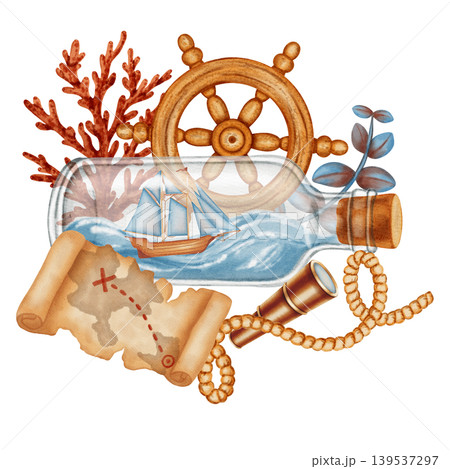 Watercolor illustration of marine compositions with ship in a bottle, treasure map, anchor, sea life. Bright illustrations, suitable for cheerful summer designs, textiles. Print for children's. Watercolor illustration of marine compositions with ship in a bottle, treasure map, anchor, sea life. Bright illustrations, suitable for cheerful summer designs, textiles. Print for children's. 139537297