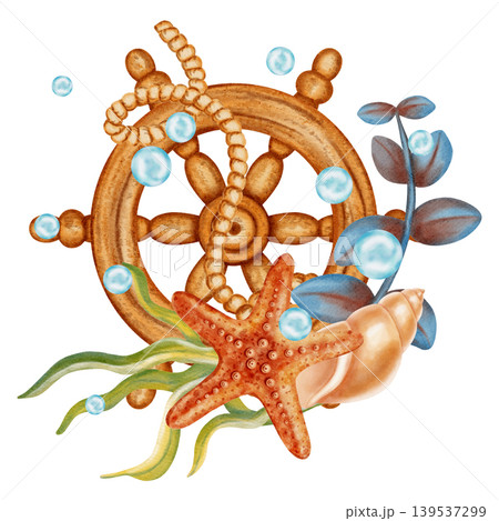 Watercolor marine composition with wooden ship wheel, orange starfish, seashells and sea plants. Bright illustrations, suitable for cheerful summer designs, textiles. Print for children's. Watercolor marine composition with wooden ship wheel, orange starfish, seashells and sea plants. Bright illustrations, suitable for cheerful summer designs, textiles. Print for children's. 139537299