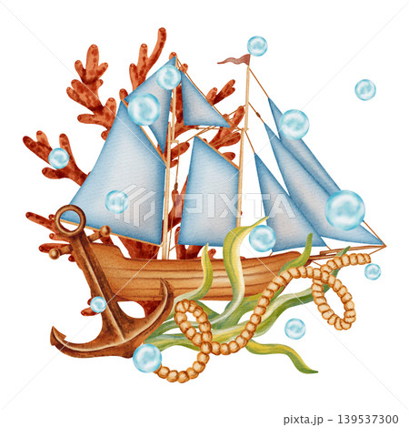 Watercolor illustration of a nautical scene with a sailing ship, anchor, steering wheel, compass, and map. Suitable for children, marine, and travel. Suitable for design, prints, postcards, sea travel Watercolor illustration of a nautical scene with a sailing ship, anchor, steering wheel, compass, and map. Suitable for children, marine, and travel. Suitable for design, prints, postcards, sea travel 139537300
