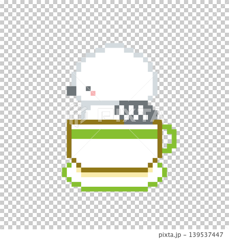 A pixel art image of a green cup and a long-tailed tit. A pixel art image of a green cup and a long-tailed tit. 139537447