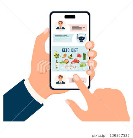 Keto diet app interface on smartphone screen with various food icons and hands interacting 139537525