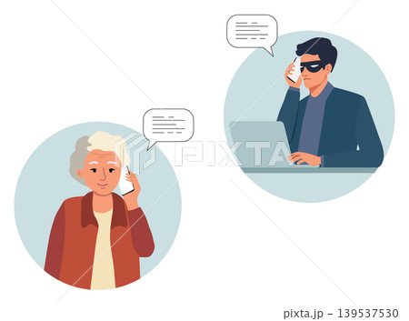 Elderly woman receiving phone call from scammer in sunglasses concept illustration circles 139537530