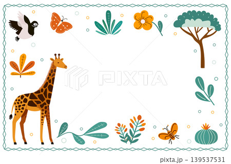 Animal-themed childrens border with giraffe and various elements on a white background 139537531