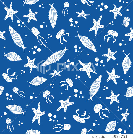 Seamless pattern with fish, starfish, and jellyfish on blue background for ocean themes 139537533