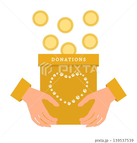 Donation box with falling coins and illustrations of hands and heart made of paw prints 139537539