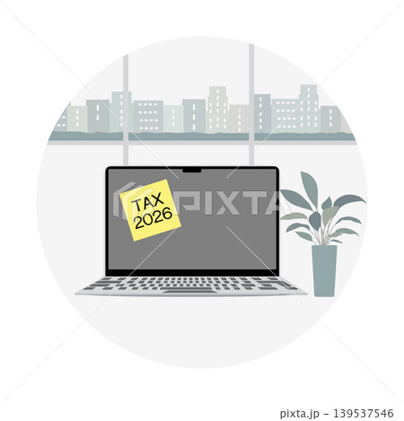 Tax preparation concept illustration with laptop, sticky note, cityscape, and plant. Tax preparation concept illustration with laptop, sticky note, cityscape, and plant. 139537546
