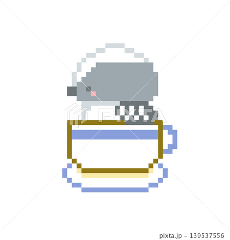 青色カップとシマエナガの雛のドット絵 139537556