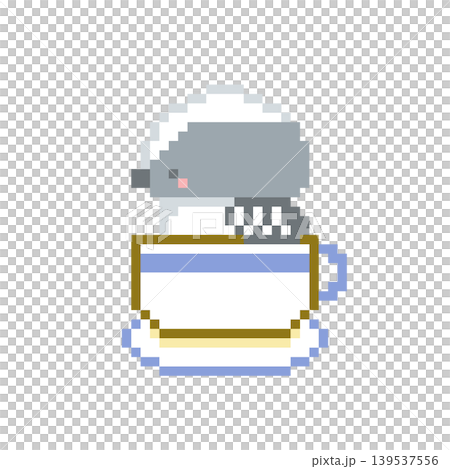 青色カップとシマエナガの雛のドット絵 139537556